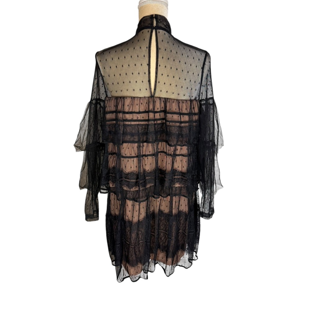 Gianni Bini Black Sheer Lace Tiered Ruffle Tie Neck Miranda Dress New - Picture 4 of 9